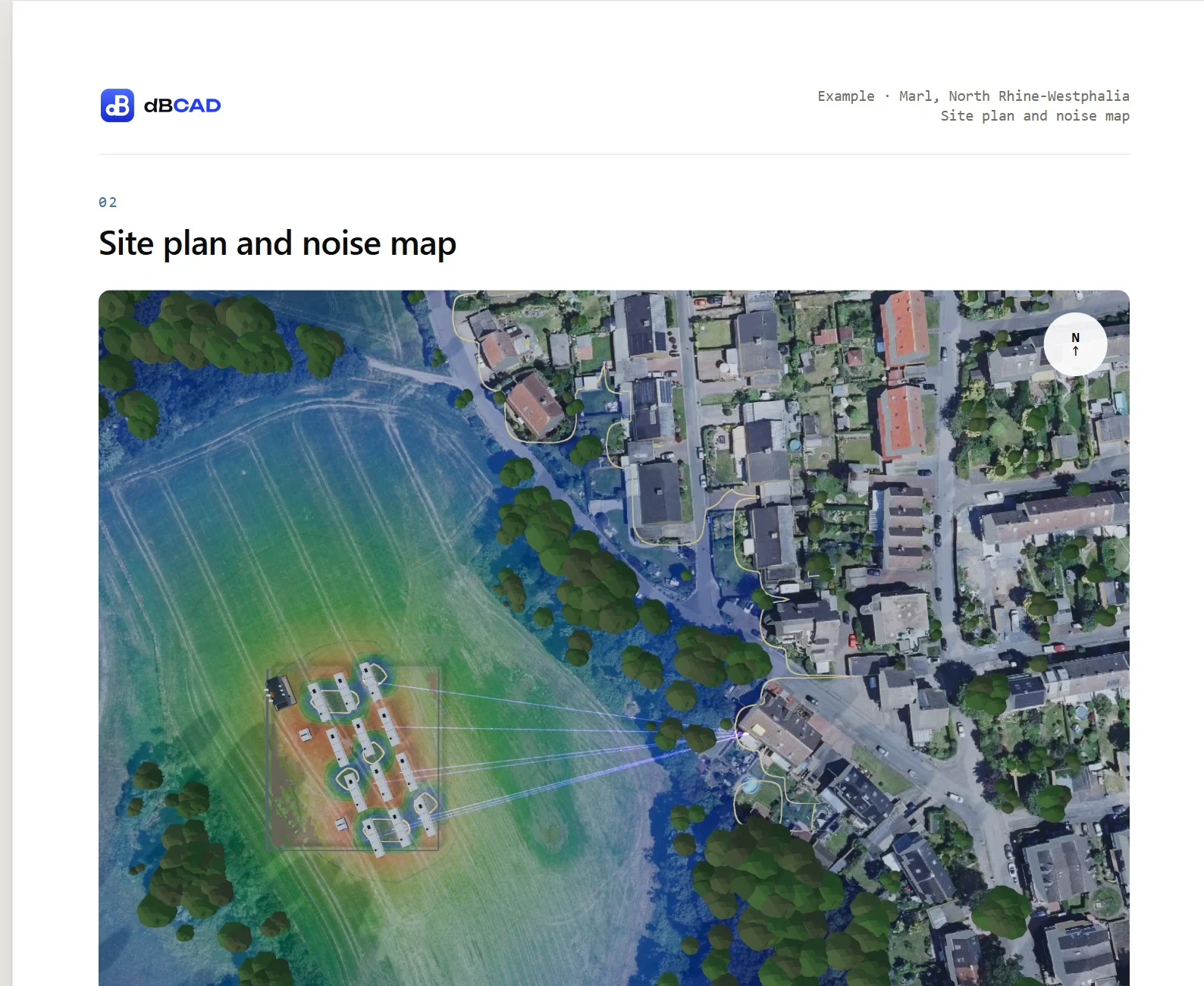 Report site plan and noise map: the yard on the field seen from above with the night field and the paths to the homes.