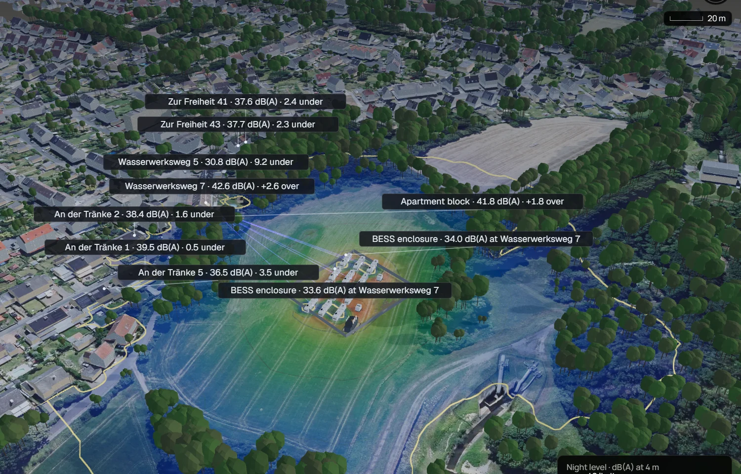 The dBCAD studio after the night run: the field draped over ground, trees and roofs, the yard in the middle, the eight homes labelled with level and difference to the limit.