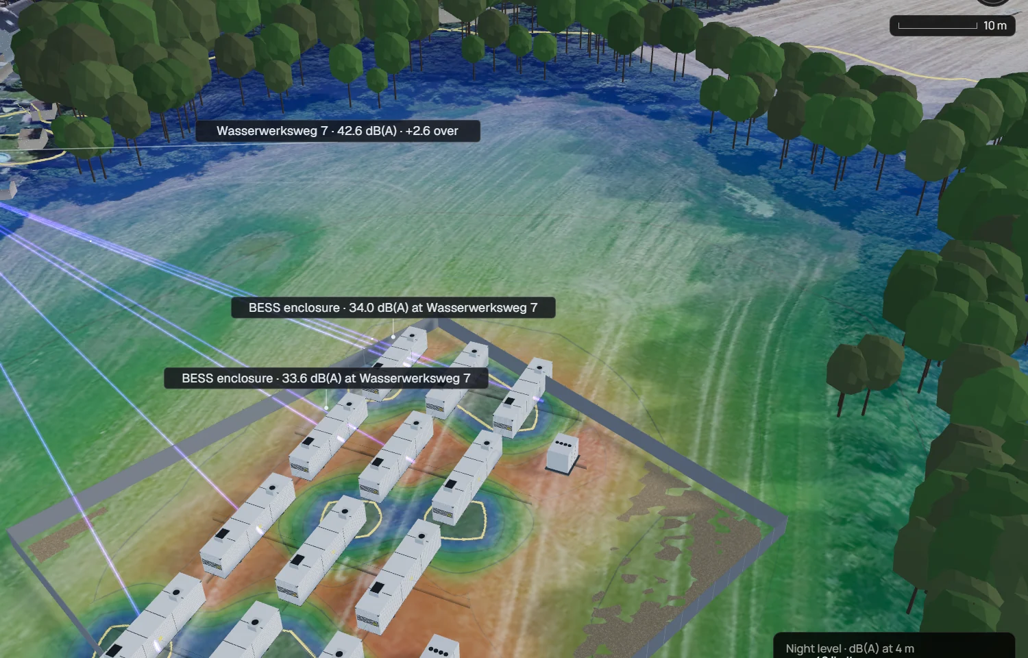 The dBCAD studio zoomed in on the yard: twelve 40-ft enclosures in rows along the field, two PCS skids and the transformer on the gravel pad, the night field on the ground and two enclosures labelled with their share at the apartment block.