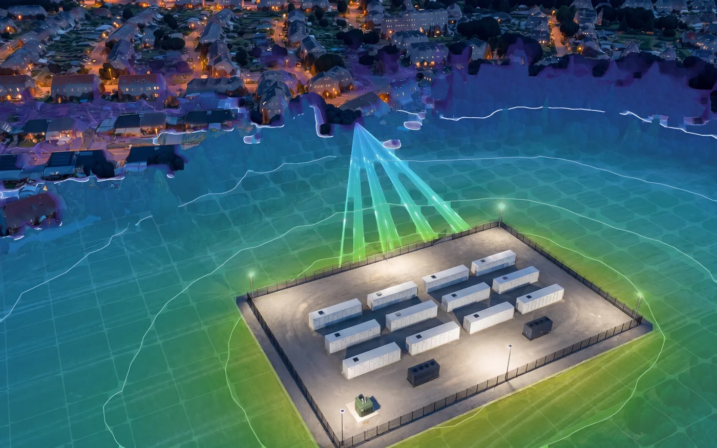 Still from the dBCAD studio: ray paths drawn from the example battery yard to the apartment block, each labelled with the unit's contribution in dB(A).